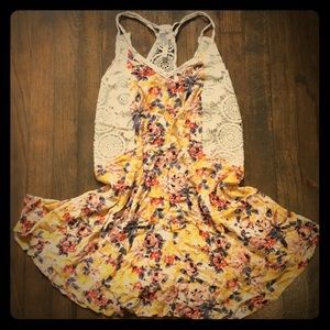 Yellow floral crochet back summer mini dress boho